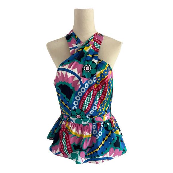 J. Crew Peplum Halter Top Womens Small In Kaleidoscope Floral Cotton Side Zip - Picture 2 of 10